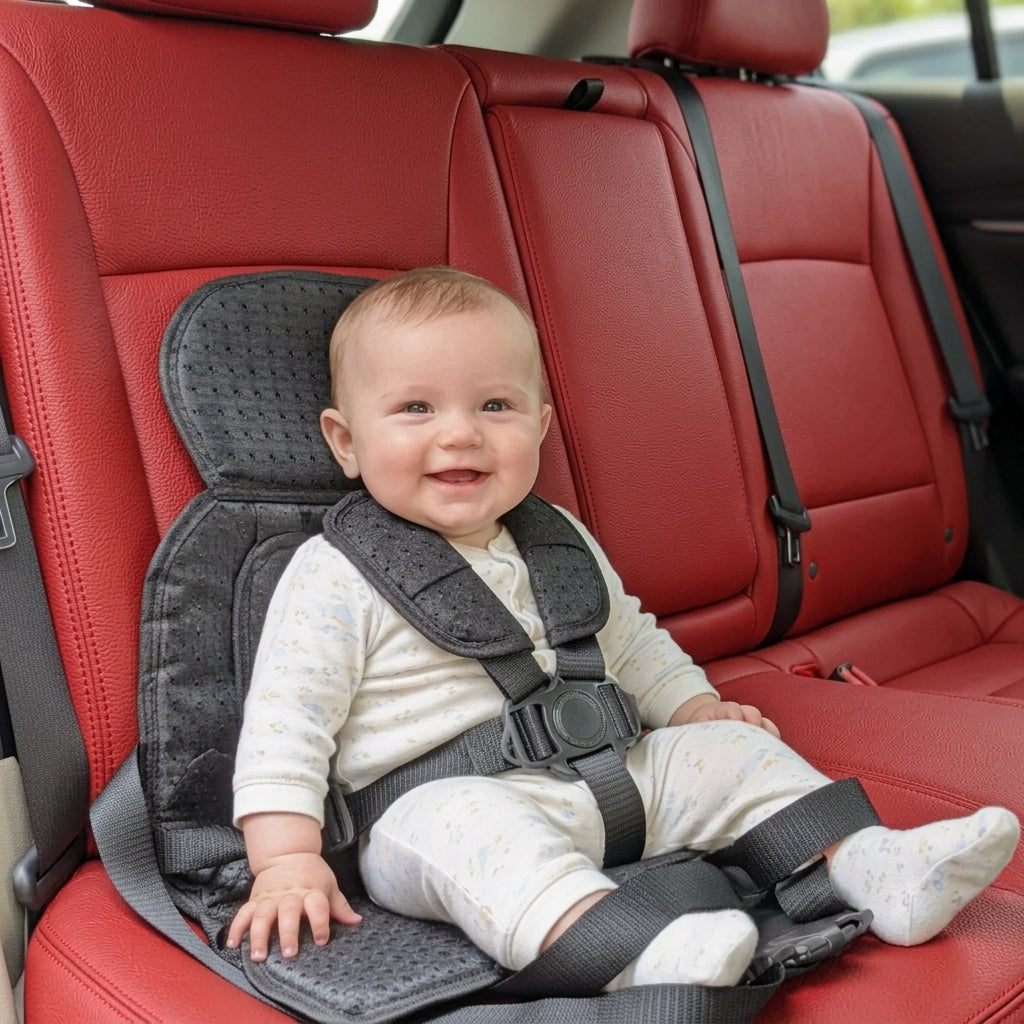 Baby travel safety belt harness showing product details and fastening components.