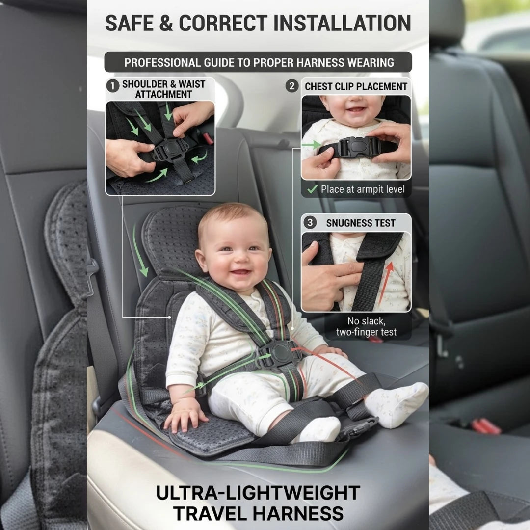 Compact baby travel safety belt harness product showing its design and features.