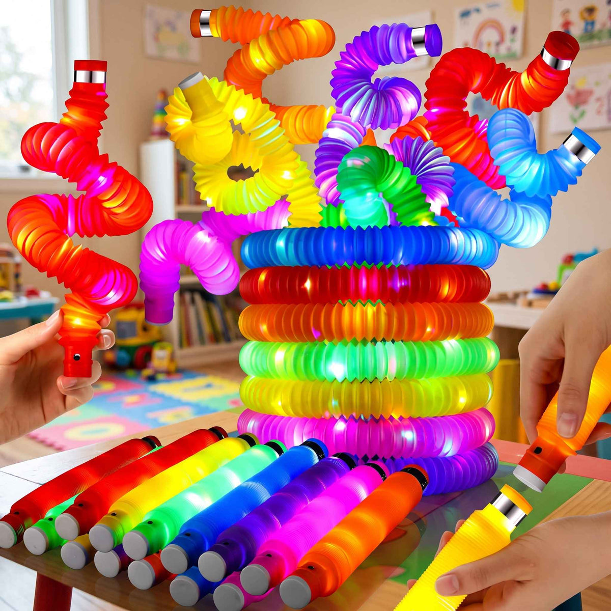 Expandable pop tube toy stretched out to show its flexible design.