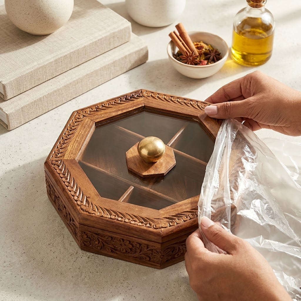 Handcrafted-style wooden dry fruit pot with lid and traditional carved detailing