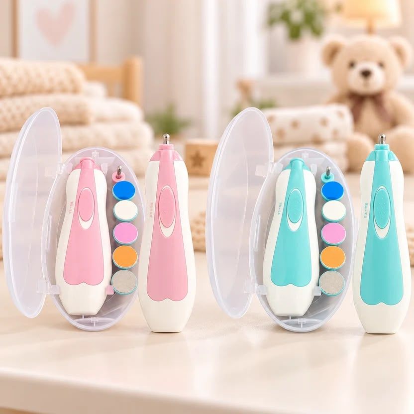 Electric baby nail care tool displayed with its included grooming accessories.