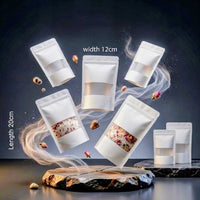 White Kraft Paper Stand-Up Zip Lock pouches with Transparent Window for Food & Cosmetic Storage.