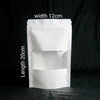 White Kraft Paper Stand-Up Zip Lock pouches with Transparent Window for Food & Cosmetic Storage.