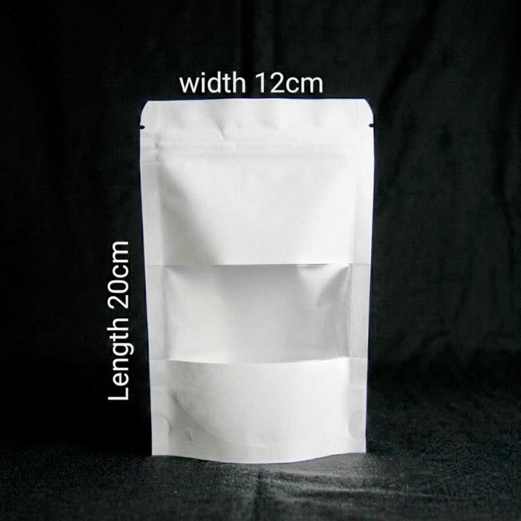 White Kraft Paper Stand-Up Zip Lock pouches with Transparent Window for Food & Cosmetic Storage.