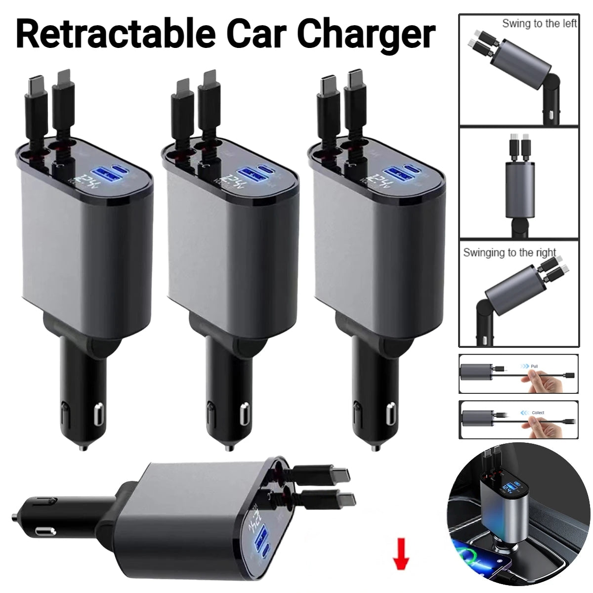 4-in-1 120W retractable car charger with compact design