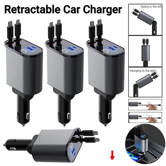 4-in-1 120W retractable car charger with compact design