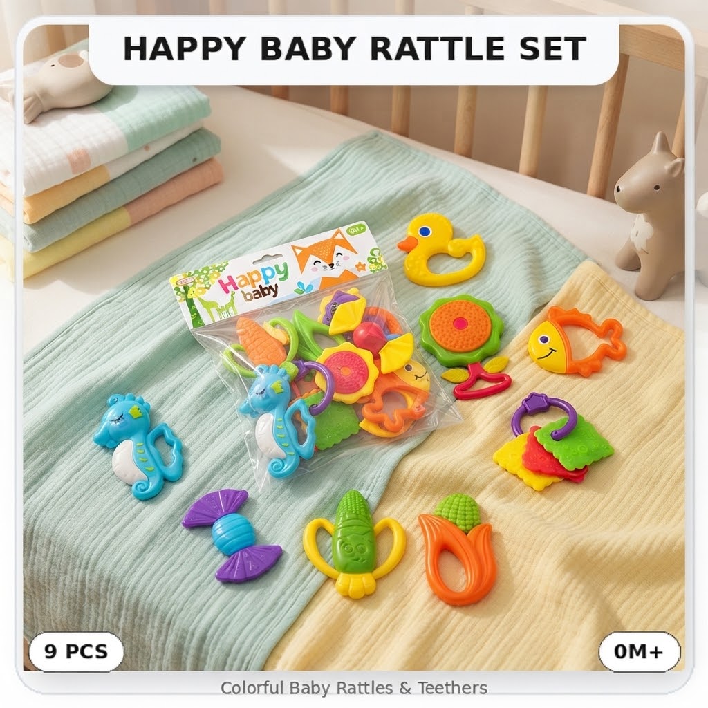 Baby rattle and teether toy set with colorful baby-friendly toys.