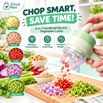 4-in-1 handheld electric vegetable cutter in mint green and white for chopping garlic, onion, chili, peanuts and vegetables, compact kitchen gadget by Zimal Mart.