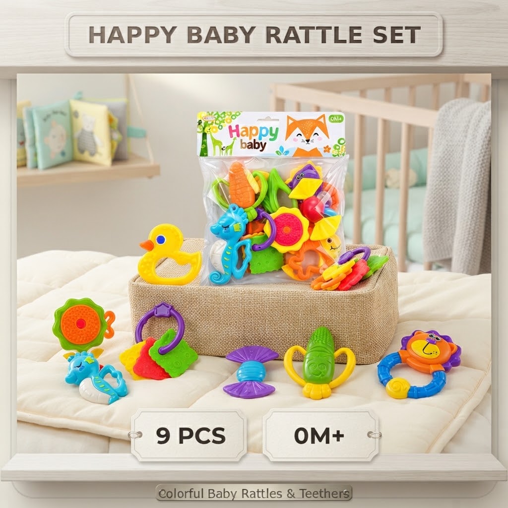 Baby rattle and teether toy set with colorful baby-friendly toys.