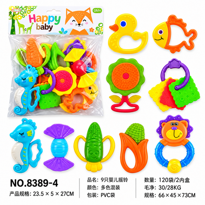 Baby rattle and teether toy set with colorful baby-friendly toys.