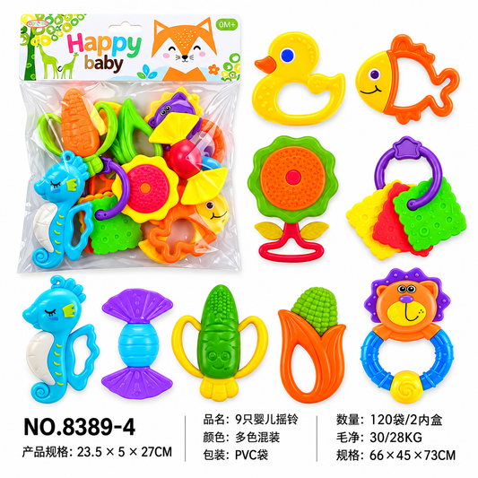 Baby rattle and teether toy set with colorful baby-friendly toys.