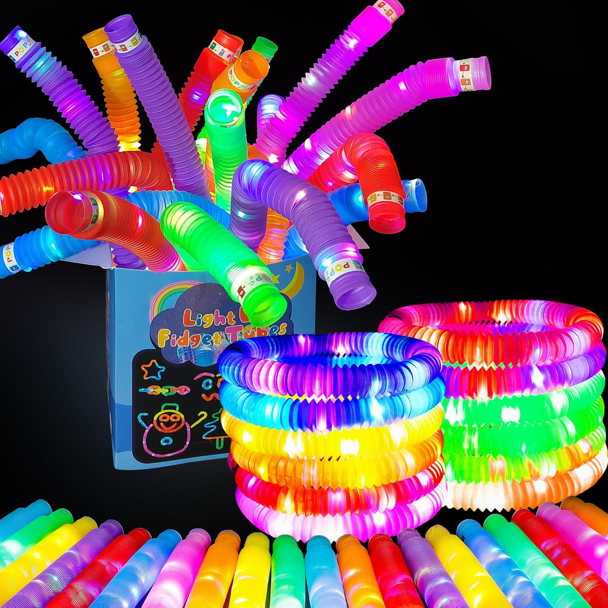 Colourful expandable pop tube toy for kids with a flexible stretchable design.