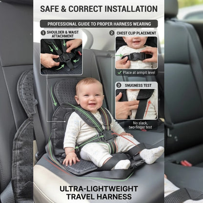 Compact baby travel safety belt harness product showing its design and features.
