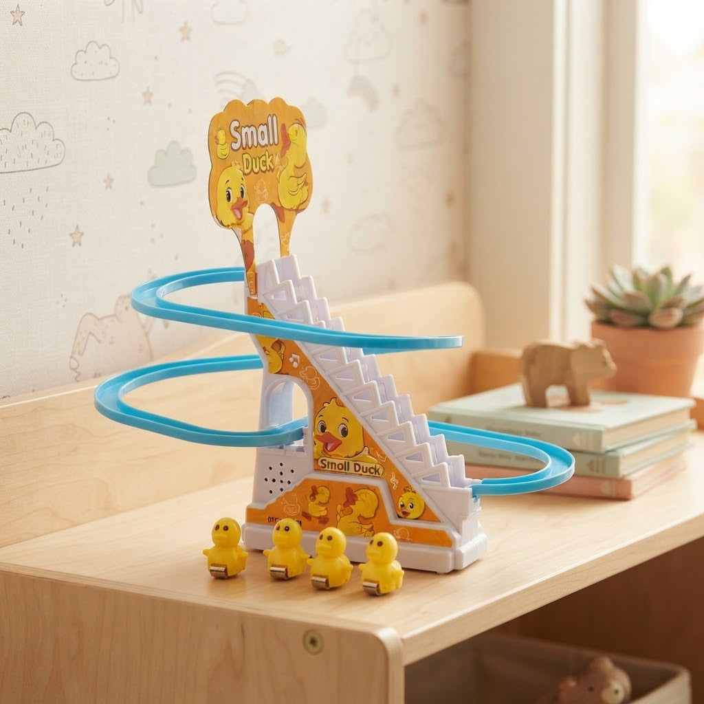 Duck Track Set with colorful blue racing tracks and yellow duck toys