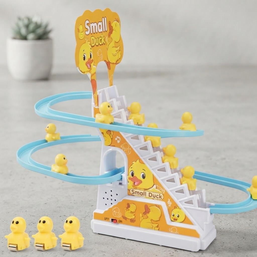 Small Duck Track Set toy with yellow ducks climbing stairs and racing down blue tracks