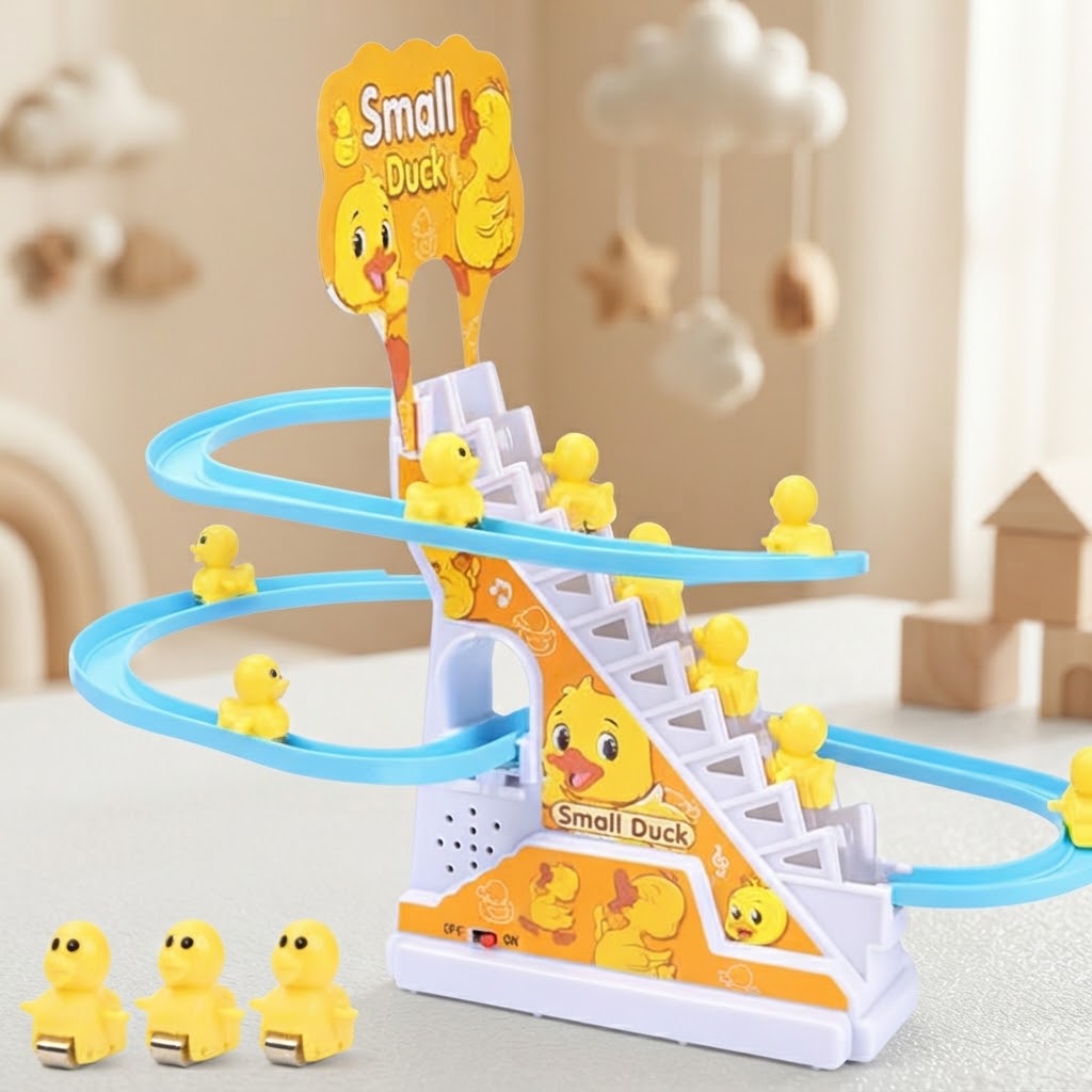 Duck Track Set featuring a staircase, winding blue tracks, and cute yellow duck toys