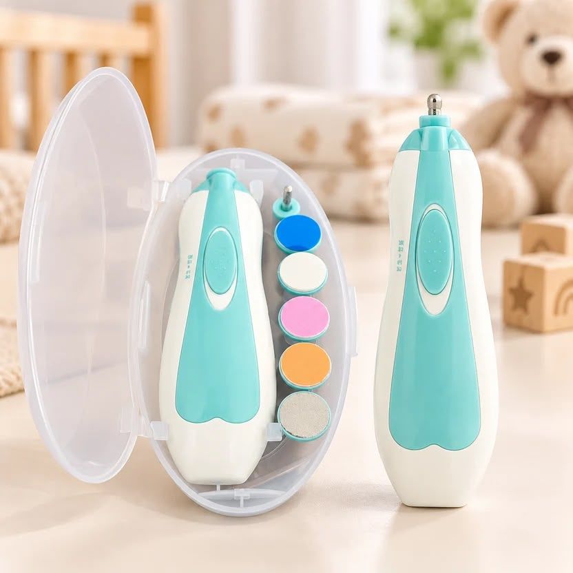 Electric baby nail trimmer with nail filing attachments for baby nail grooming.