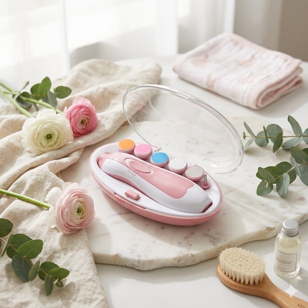 Portable electric baby nail file designed for convenient use at home or while travelling.