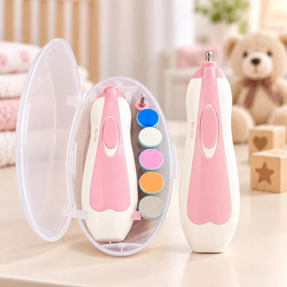 Close-up view of an electric baby nail trimmer showing its compact design.