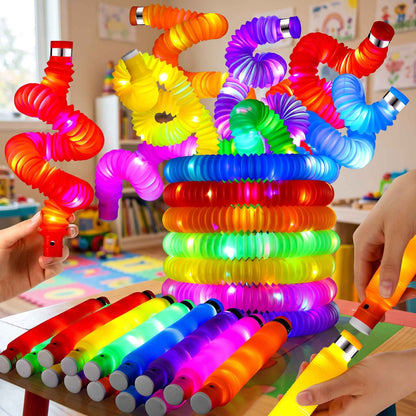 Expandable pop tube toy stretched out to show its flexible design.