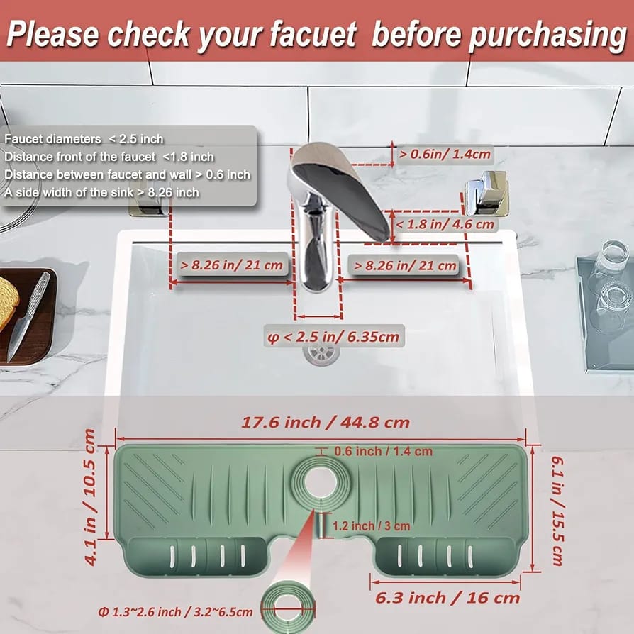 Green kitchen faucet splash protector designed to catch water around the sink