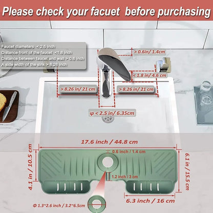 Green kitchen faucet splash protector designed to catch water around the sink