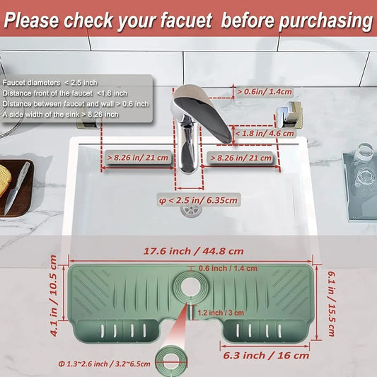 Green kitchen faucet splash protector designed to catch water around the sink