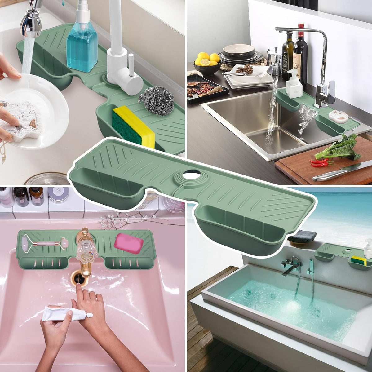 Kitchen sink organizer with silicone faucet splash guard and sponge holder