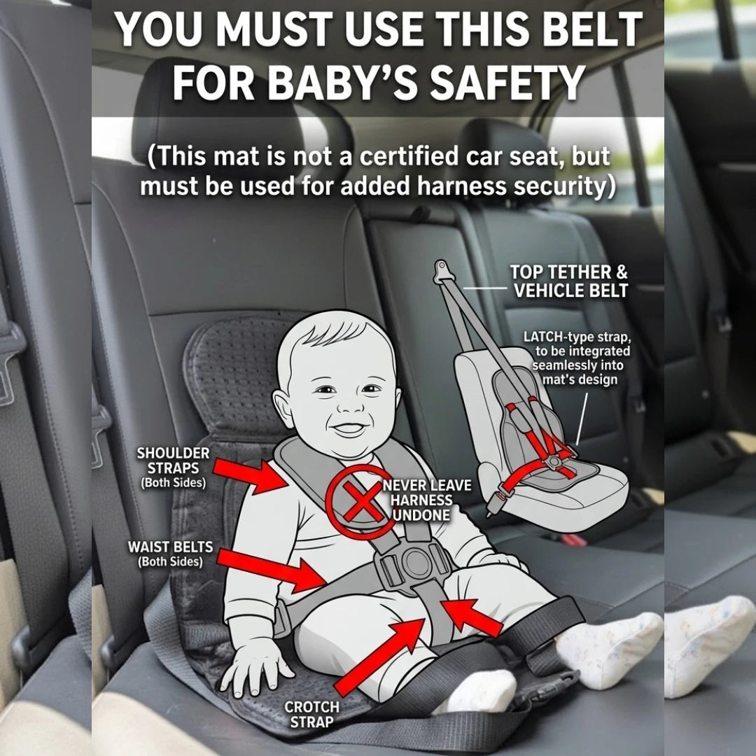 Portable baby travel belt harness showing its construction and adjustable straps.