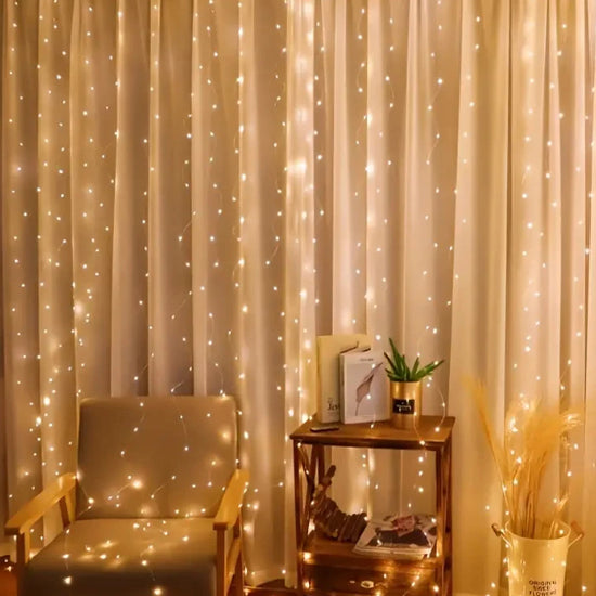LED fairy curtain lights displayed as decorative lighting for home interiors.