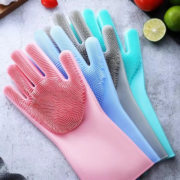 Reusable silicone gloves designed to help wash plates, cups, and kitchen utensils.