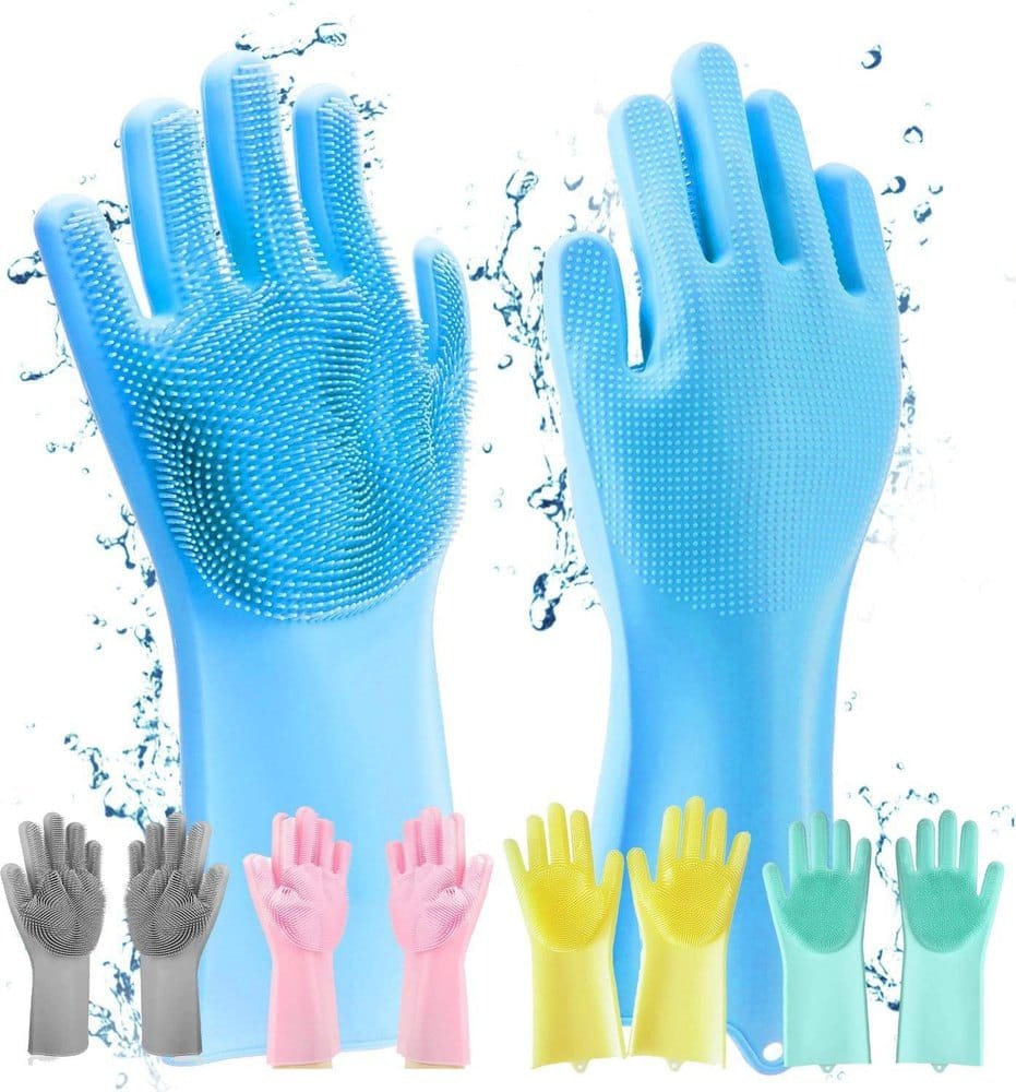 Close-up of silicone dishwashing gloves with soft scrubbing bristles for cleaning dishes.