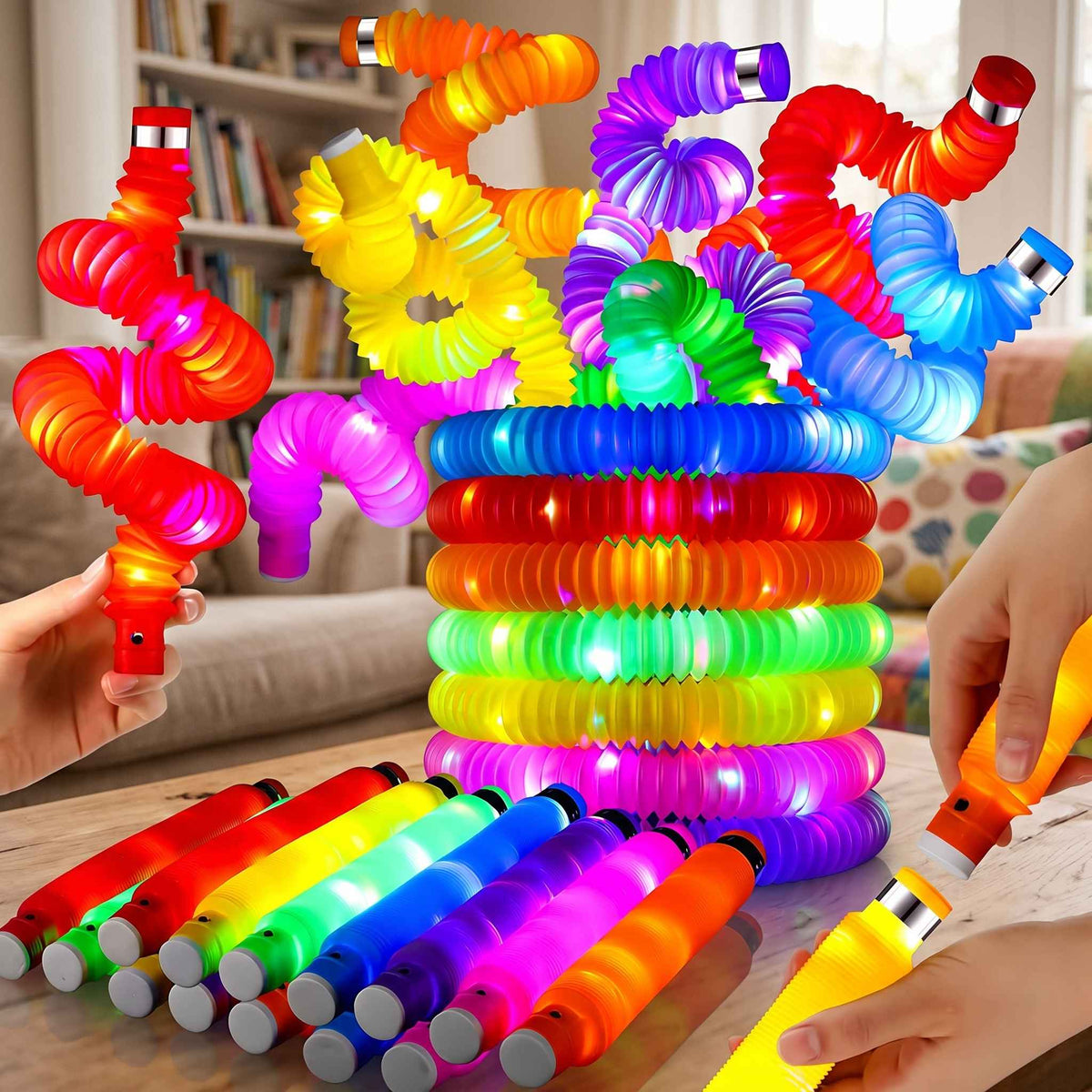 Colourful pop tube fidget toys displayed in different shapes and colours