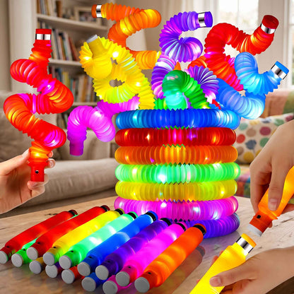 Colourful pop tube fidget toys displayed in different shapes and colours