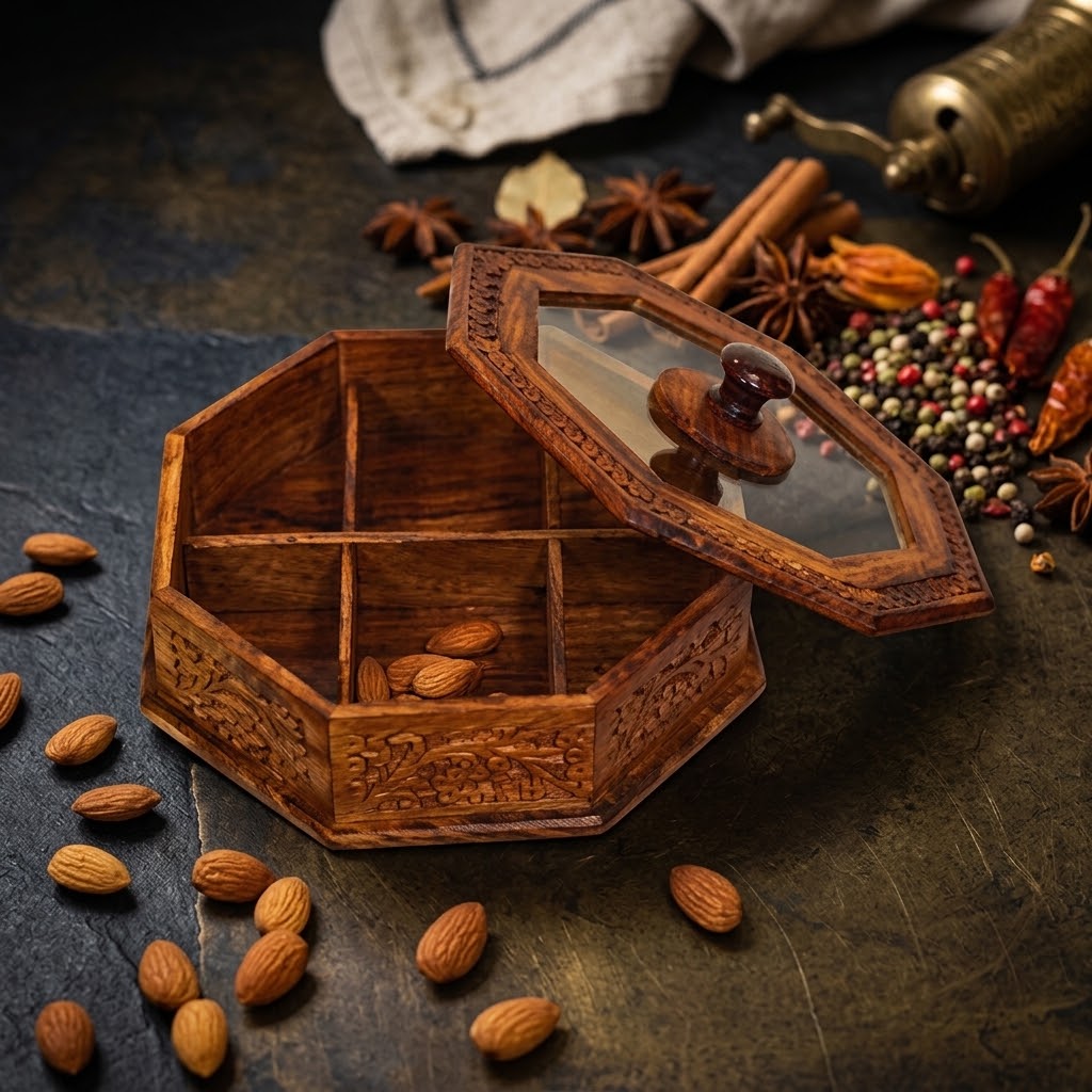 Traditional wooden dry fruit jar showcasing decorative carved patterns